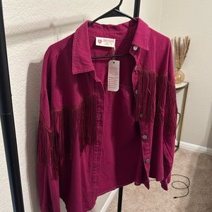 Pink fringe, jean jacket